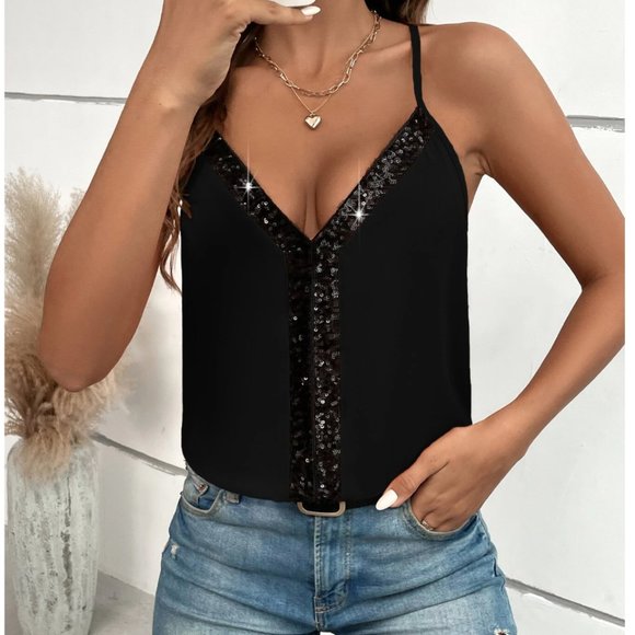 Black Contrast Sequin Cami Top - Picture 1 of 7